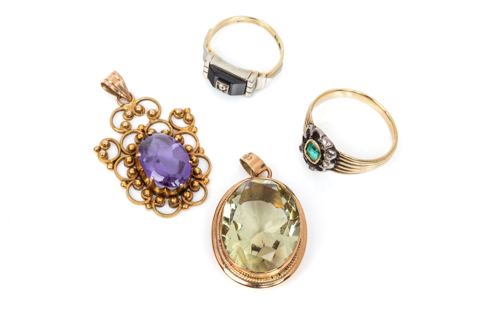 14K GOLD GEMSTONE GROUPING 18.6g: 14K yellow and white gold onyx and old mine cut diamond ring. Size 4 2.8 grams14K yellow gold and silver antique emerald and rose cut diamond ring (several missing/broken). 3.9 grams 2 14K yellow gold