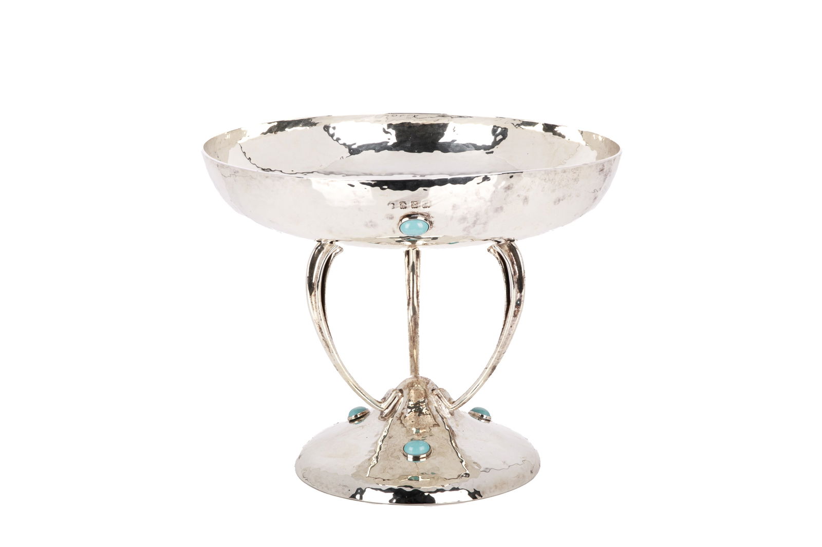 ARTS & CRAFTS SCOTTISH SILVER CENTREPIECE, 920g: Hand hammered bowl raised on three branch supports with turquoise mounted cabochons, Glasgow, 1908, Lawson & Co. Dia 25.5cm (10in) x H. 20.5cm (8in)