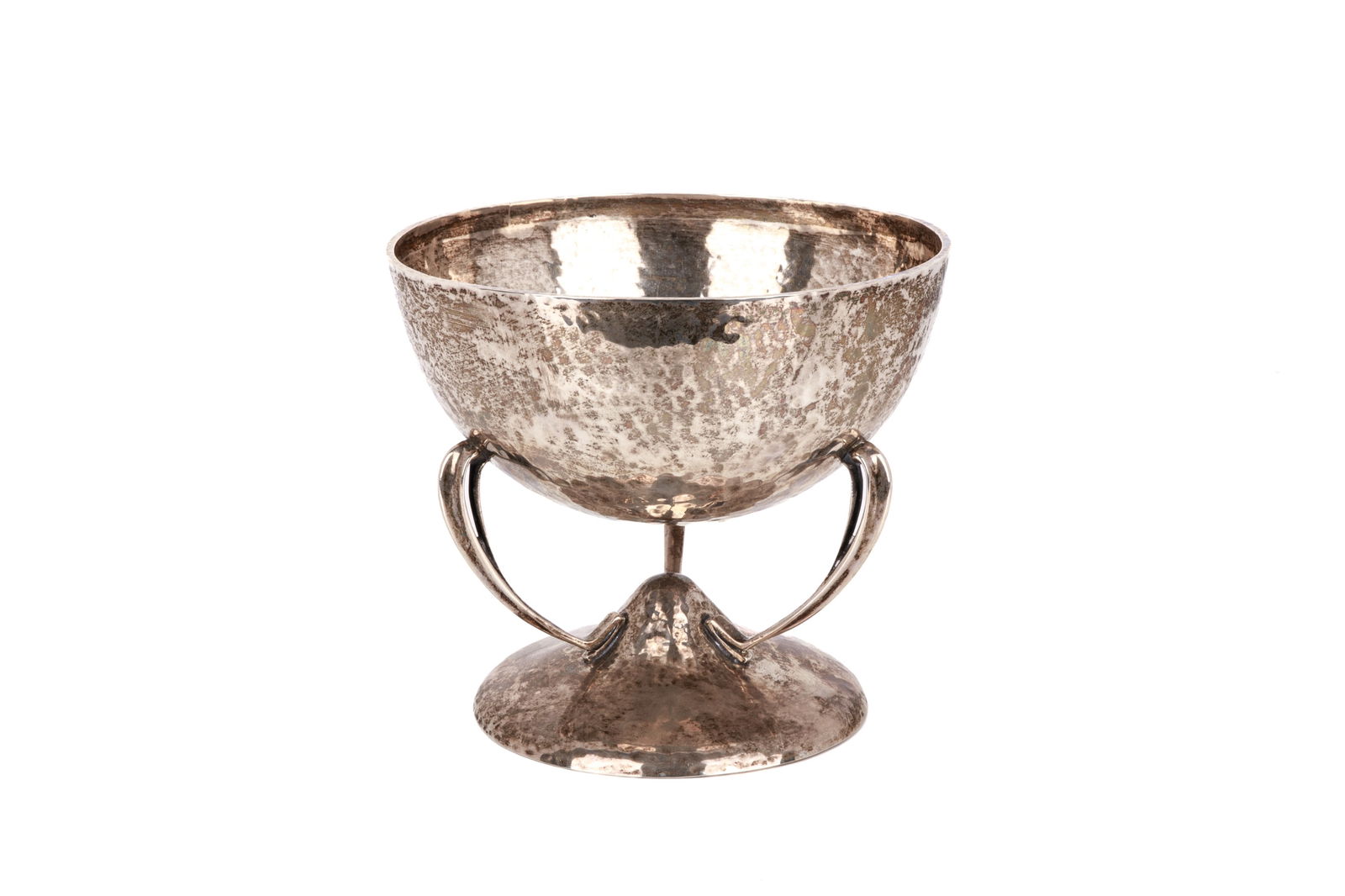 ARTS & CRAFTS SCOTTISH SILVER COMPORT, 584g: Hand hammered large bowl raised on three arms, Glasgow, 1904, Weir. Dia 18cm (7in) H. 15.5cm (6in)
