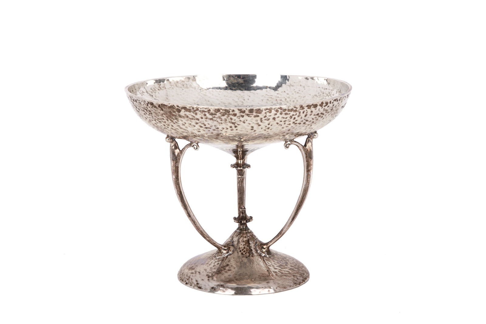 ARTS & CRAFTS ENGLISH SILVER FOOTED COMPORT, 488g: Hand hammered bowl raised on three branches, London, 1910 by Philip Hanson Abbot (also known as a Scottish silversmith). H. 15cm (6in)