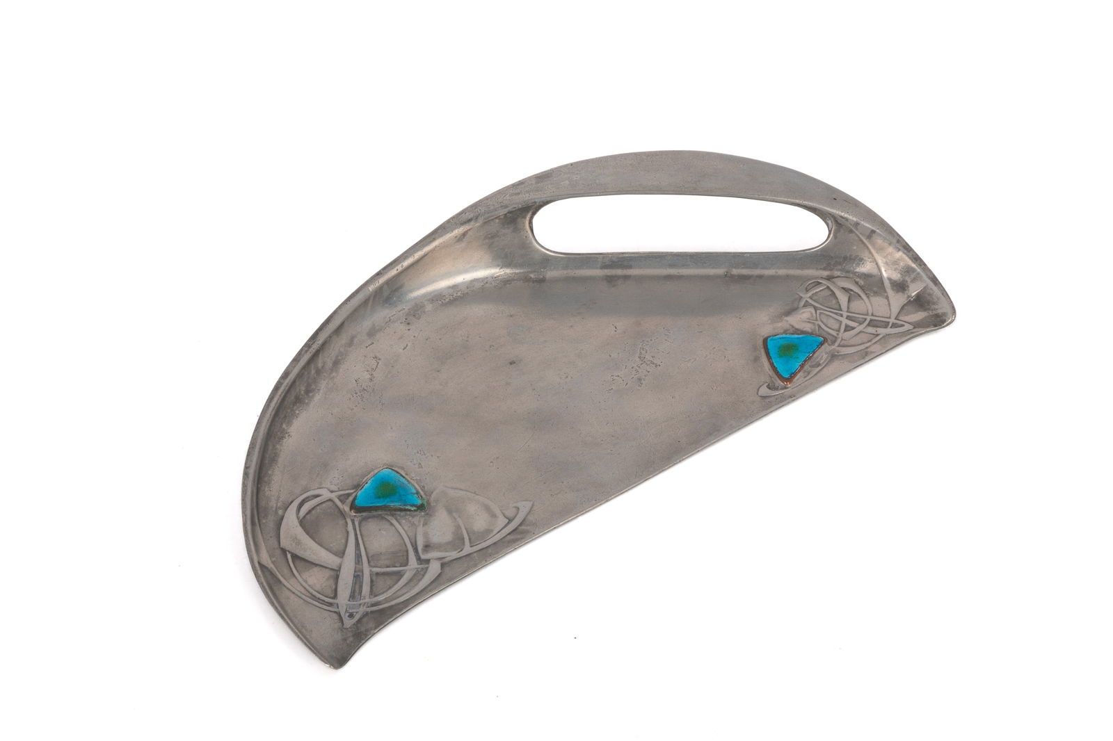ARCHIBALD KNOX LIBERTY PEWTER CRUMB TRAY: Arts & Crafts Tudric Pewter model 0532 with enamel mounts. L. 24.5cm (9 3/4in)