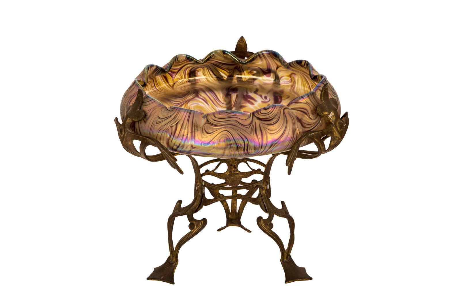 AUSTRIAN ART NOUVEAU GLASS & BRONZE CENTREPIECE: Iridescent swirled yellow to purple ruffled glass bowl in Jugenstil bronze foliate base. Glass attributed to Loetz. Dia 28cm (11in)