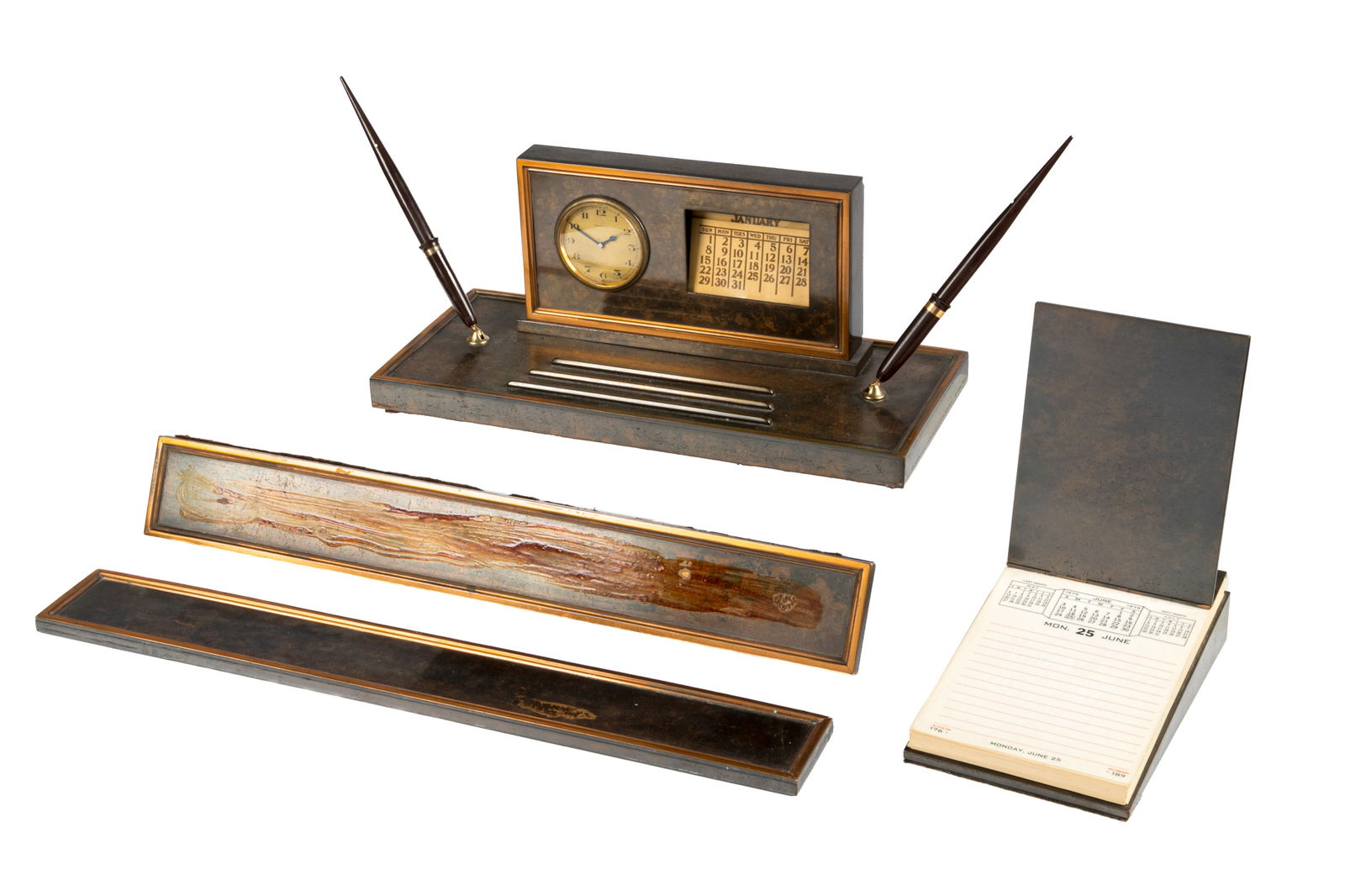 THREE PC TIFFANY STUDIOS BRONZE DESK SET: Including a calendar clock pen stand, calendar and two pc desk blotter (glue residue) H. 6" x L. 14"