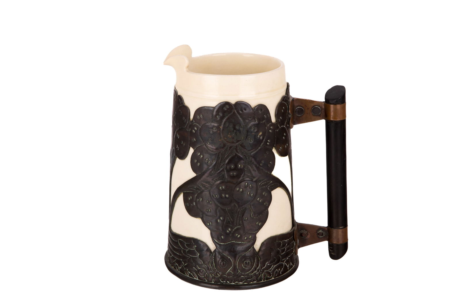 NEWTON SCHOOL METALWORK & POTTERY JUG: Arts & Crafts copper hammered foliage decoration mounted to a white pottery jug. Example illustrated in 1901 Newton School catalogue as identified by Paul Reeves, London.H 18cm (7in)