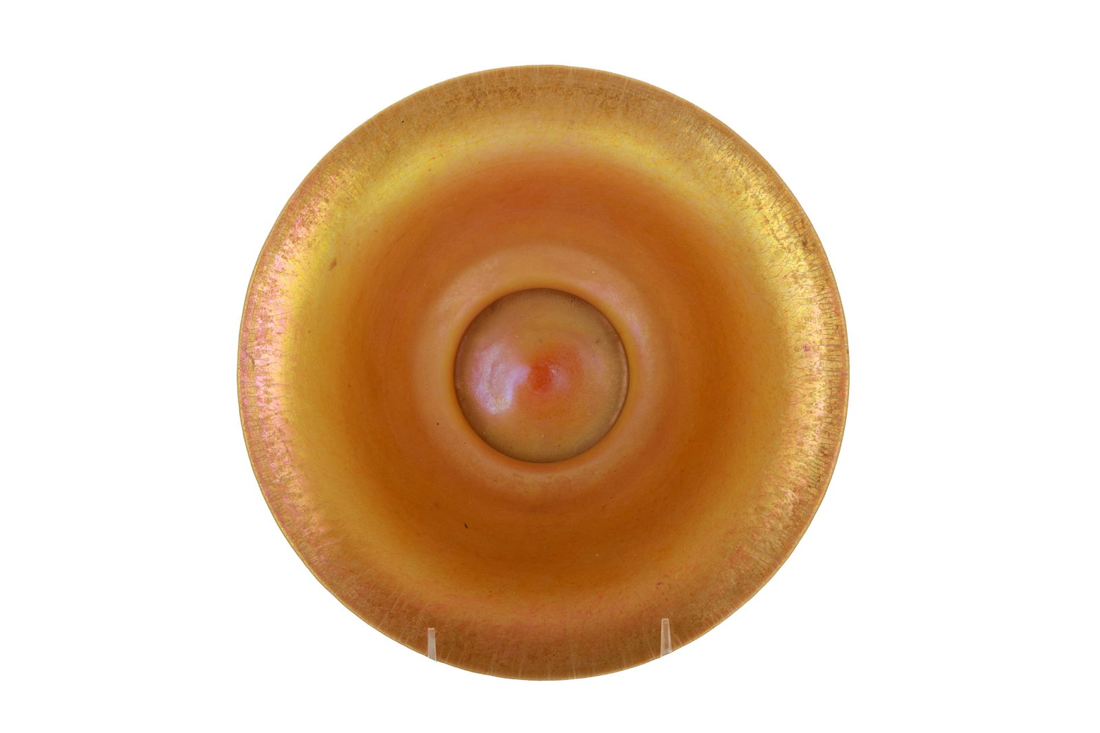 STEUBEN GOLD AURENE GLASS BOWL: Opaque white glass exterior and gold interior. Dia 25cm (9 3/4in)