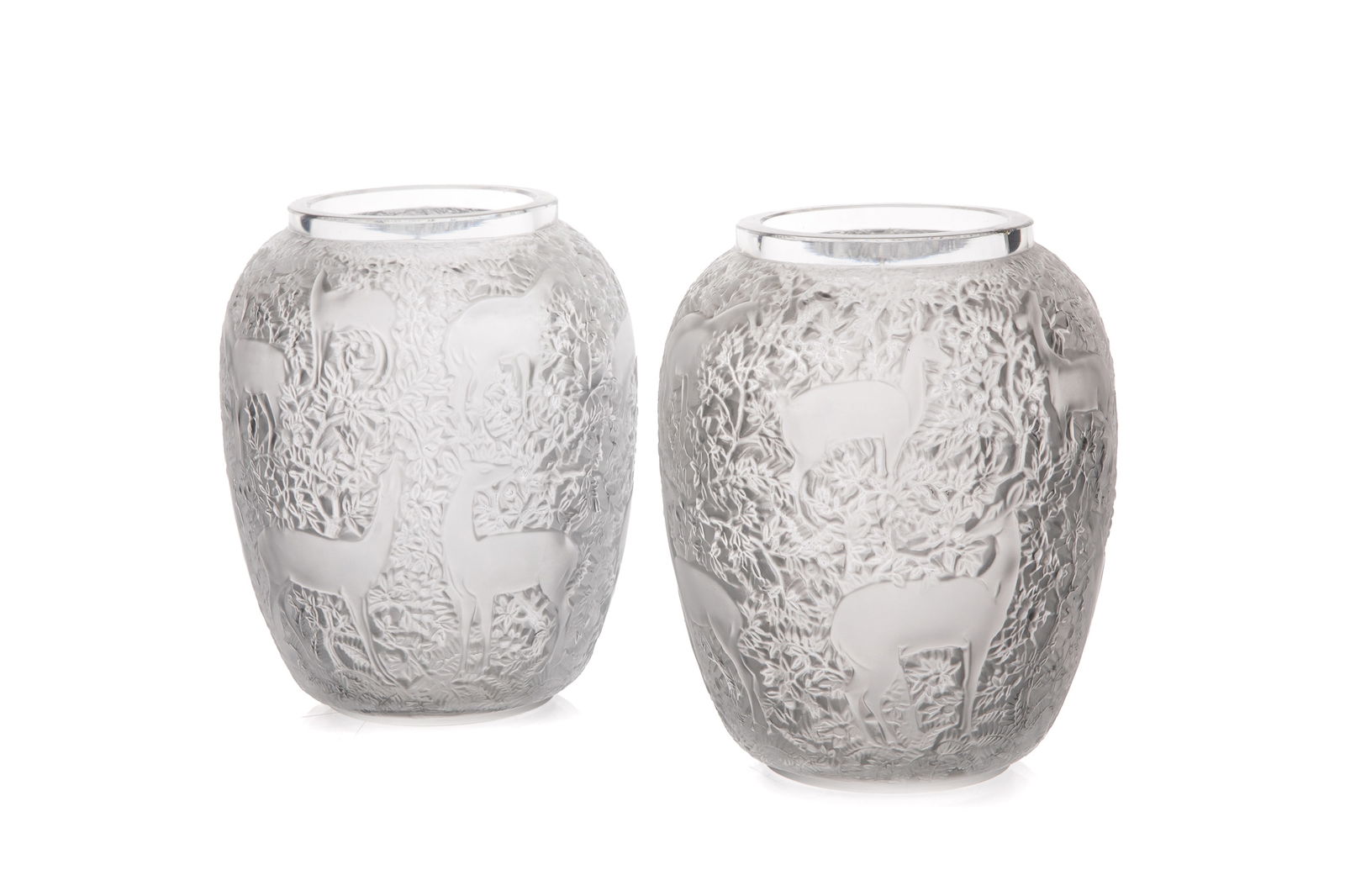 TWO LALIQUE FRANCE "BICHES" CLEAR & FROSTED VASES: H. 6 1/2" (16 cm)