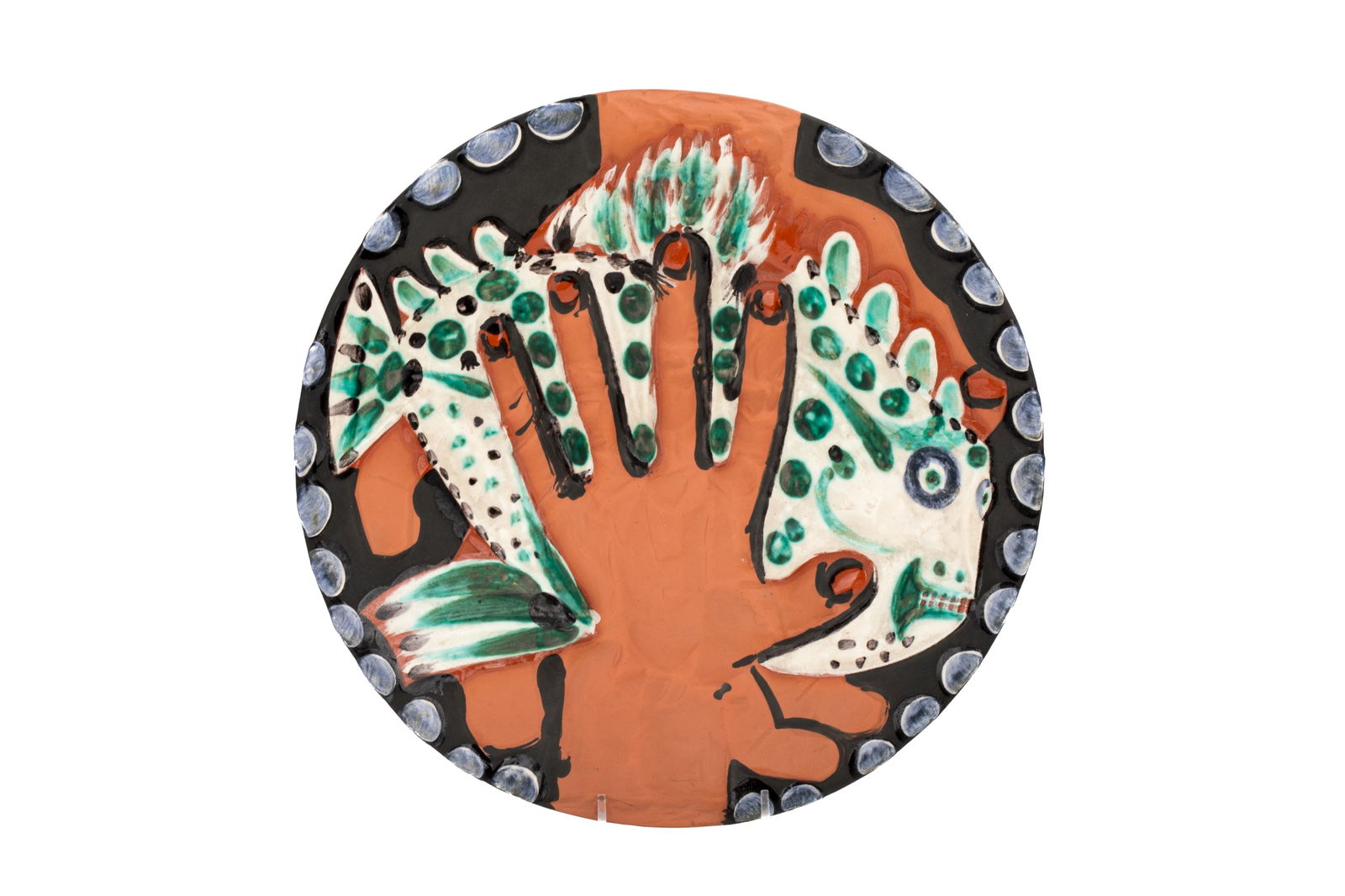 PICASSO MADOURA POTTERY CHARGER DISH: Mains Un Poisson Empreinte Priginale de Picasso / Plein Feu I.117 150 of 250 Glazed on red potteryH 2 1/4" (6 cm) x Dia. 12" (30 cm)