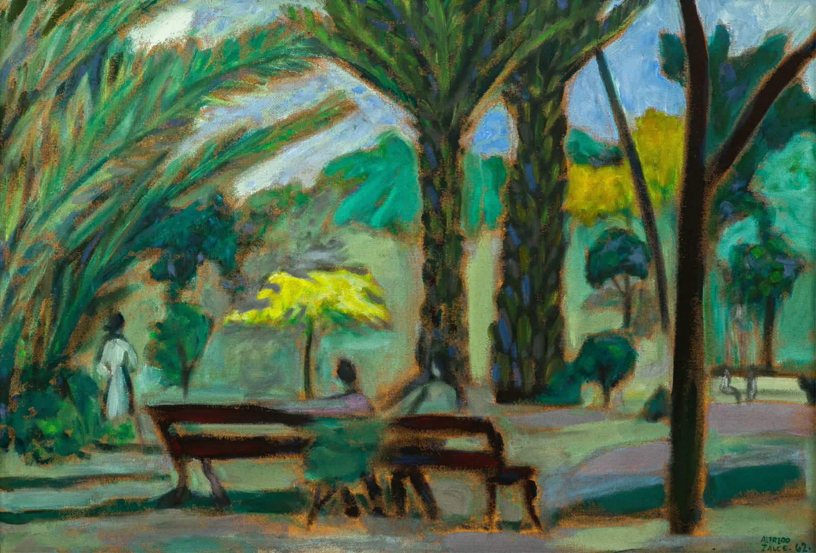 ALFREDO ZALCE (Mexican, 1908-2003): Untitled: Figures on a Park Bench (1962) Oil on board Signed and dated lower right Sight H. 26" x W. 37"