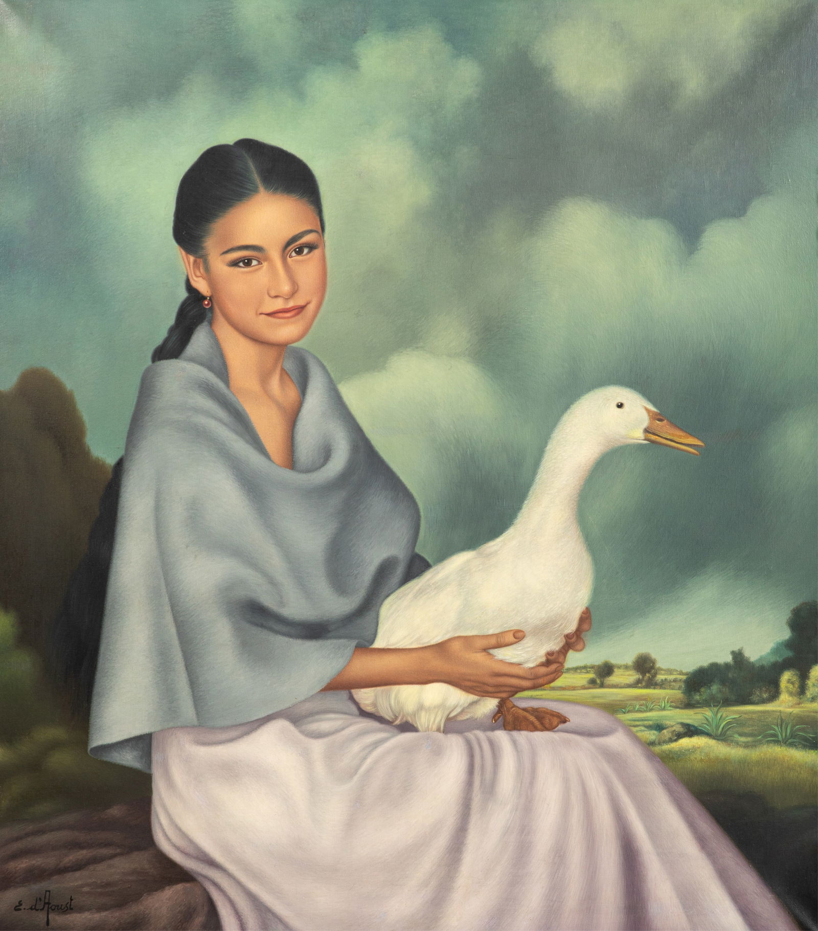 ENRIQUE D'AOUST (Belgian/Mexican, 1906-1982): "Niña con Pato" Oil on canvas Signed lower left H. 35 1/2" x W. 31 1/2"