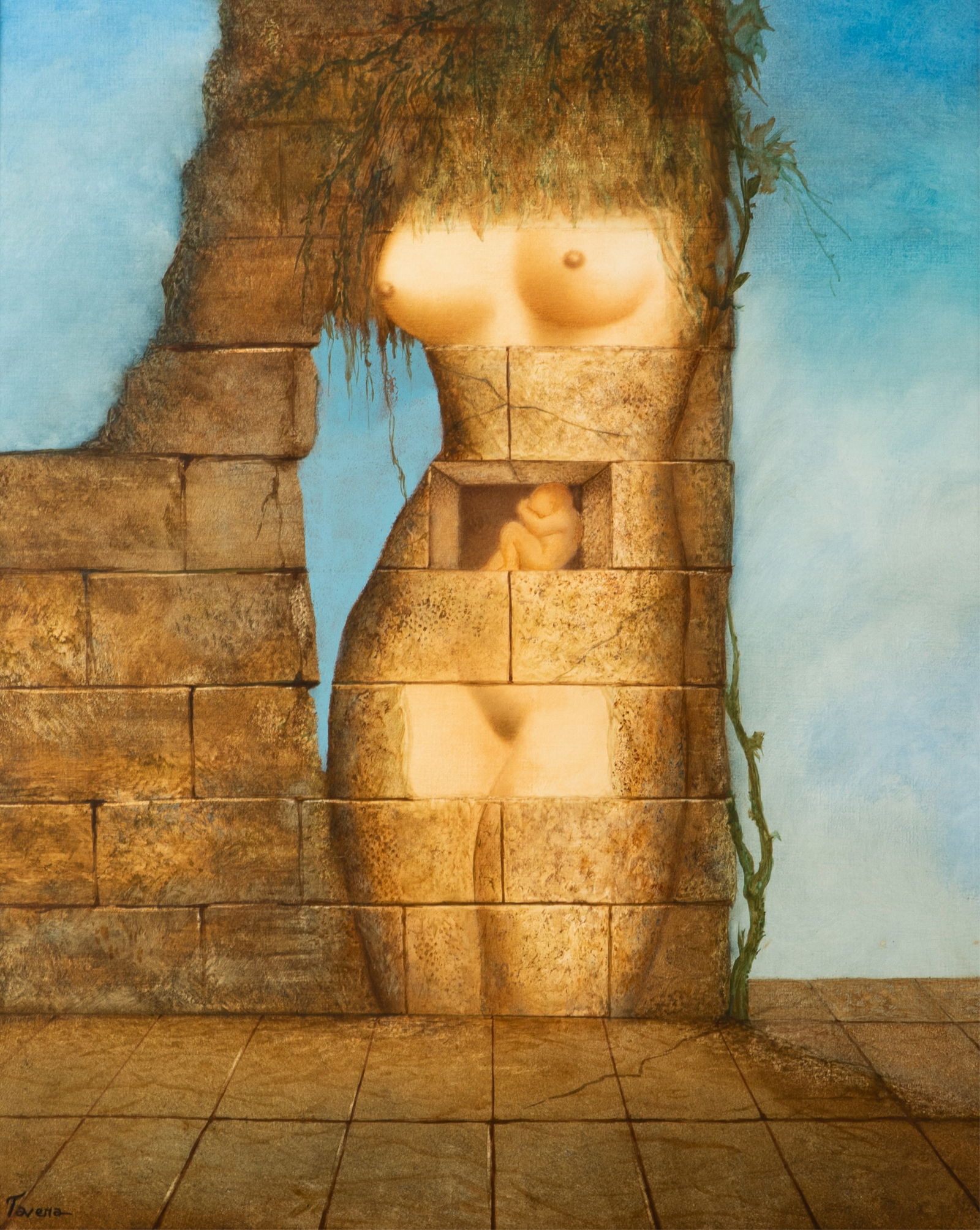 ADRIAN TAVERA (Mexican, 1940-2019): "Maternidad" Oil on masonite Signed lower left Sight H. 19 1/4" x W. 15 1/2"