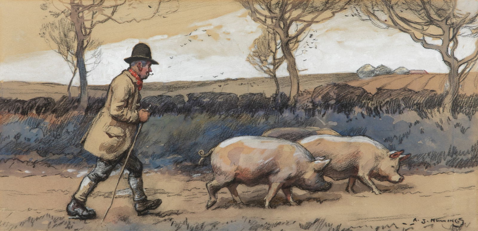ALFRED JAMES MUNNINGS (British, 1878-1959): The Pig Farmer Watercolour and pastel Signed bottom right Sight H. 7 5/8" x W. 15 1/2"