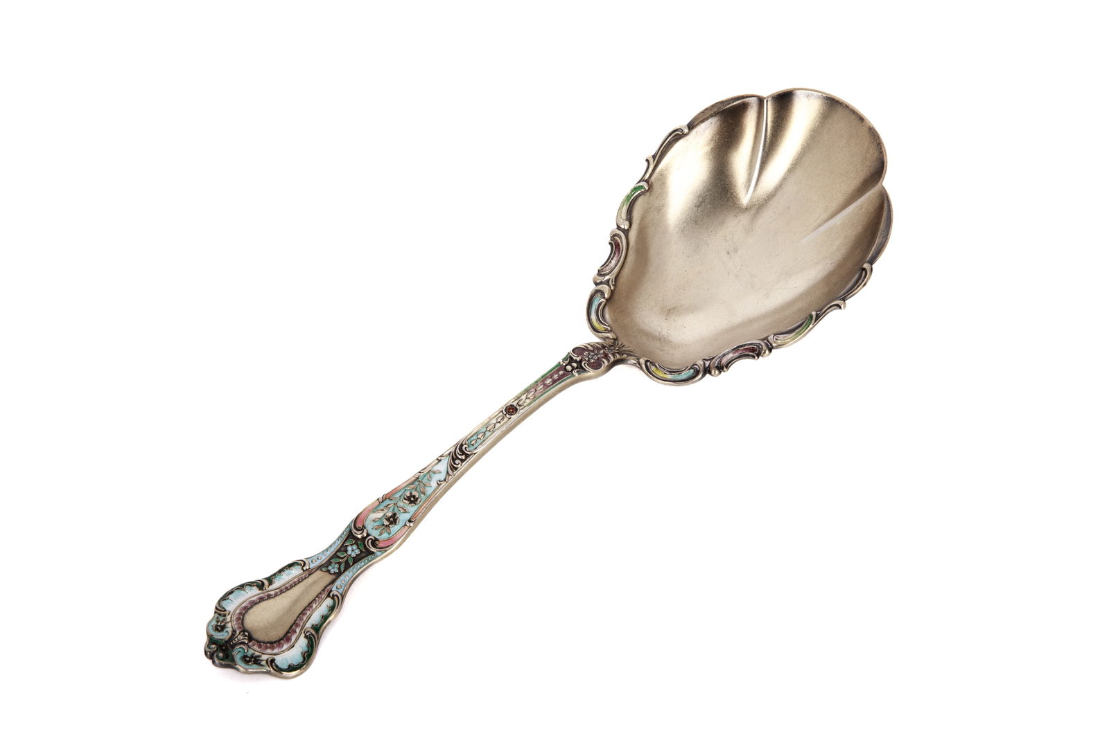AMERICAN GORHAM SILVER & ENAMEL BERRY SPOON, 111g: Louix XVI pattern with mixed coloured enameling, gilt washed bowl. L. 9 1/8"