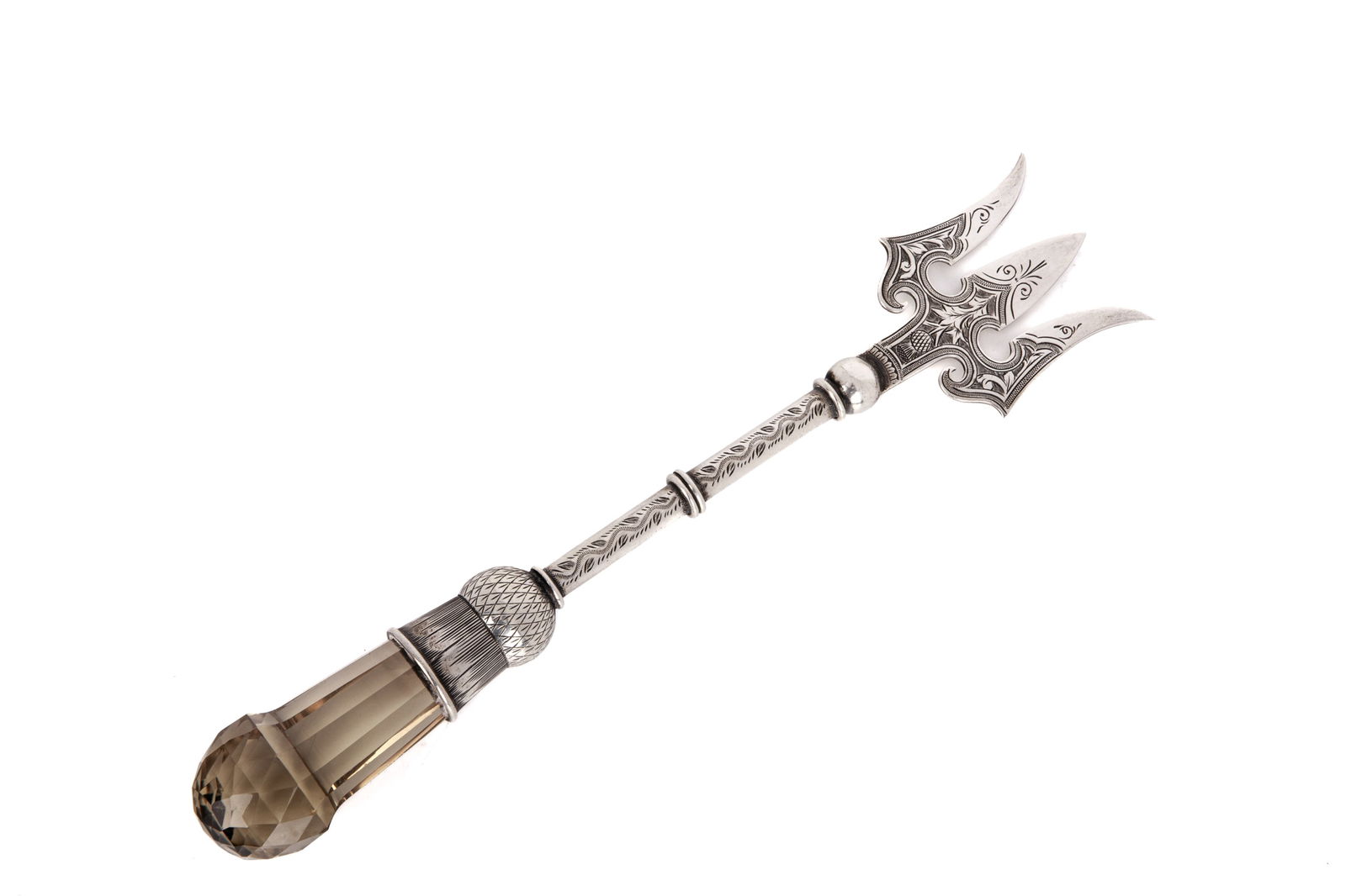 SILVER MEAT FORK WITH CUT GLASS HANDLE: L. 9"