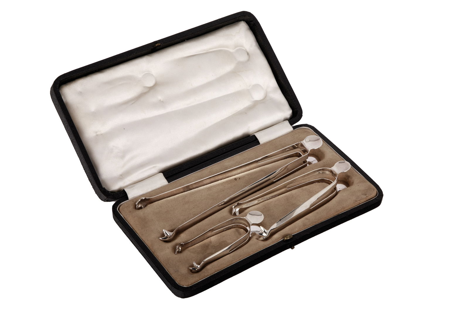 ENGLISH NOVELTY SILVER BAR SET: A cased set of three English sterling silver unusual squeeze action Vilcar patented tongs. The three pairs are different sizes and each is hallmarked by a different maker. Dates are 1908, and 1909. We