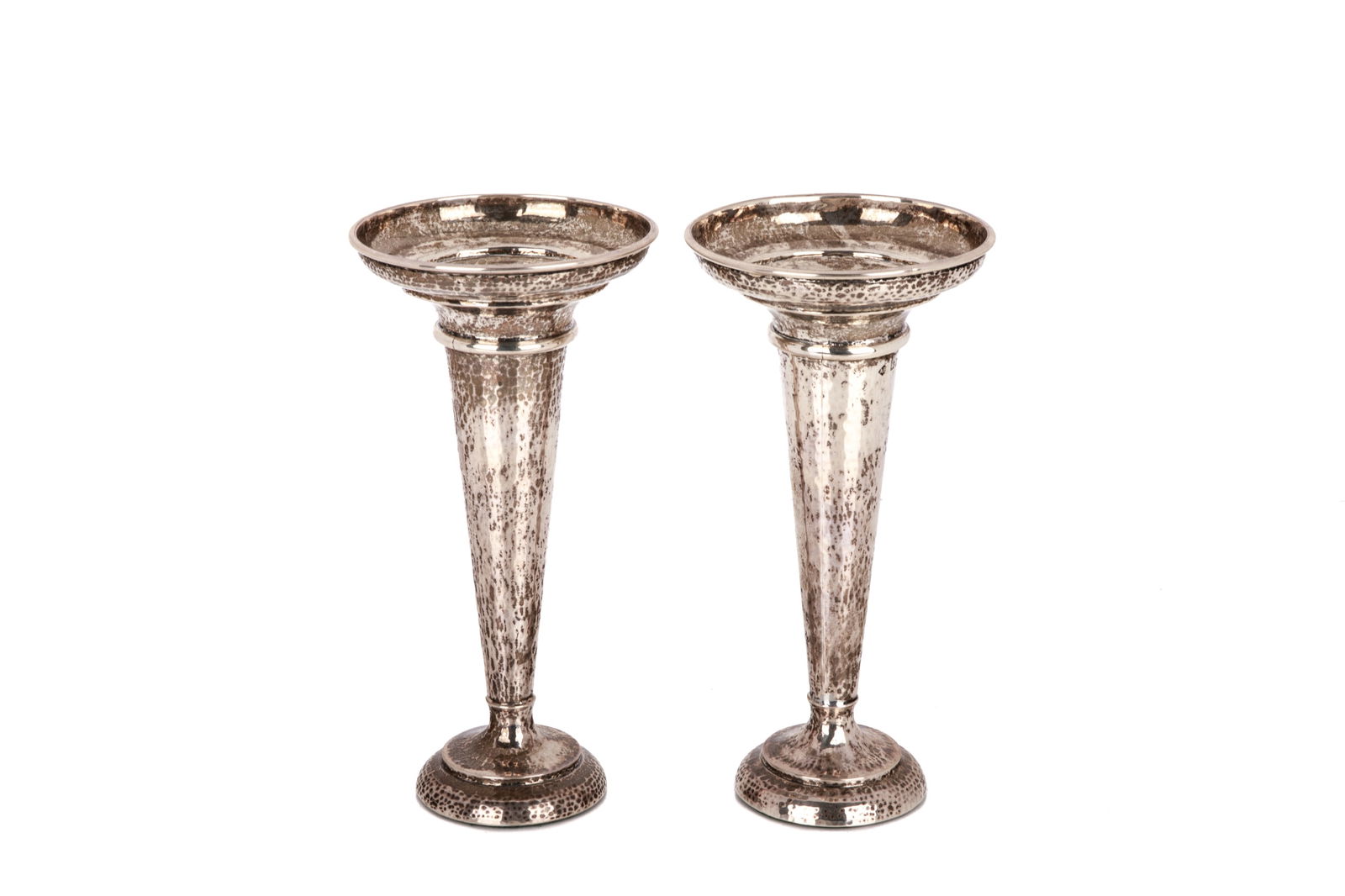 PAIR OF ARTS & CRAFTS ENGLISH SILVER TRUMPET VASES (1 of 5)