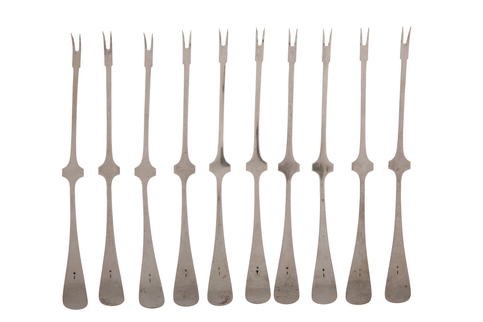 A SET OF SILVER LOBSTER FORKS, 198g: A group of ten Dutch silver (833) lobster picks in the Old English pattern. Weight 198 G.Length 18 cm