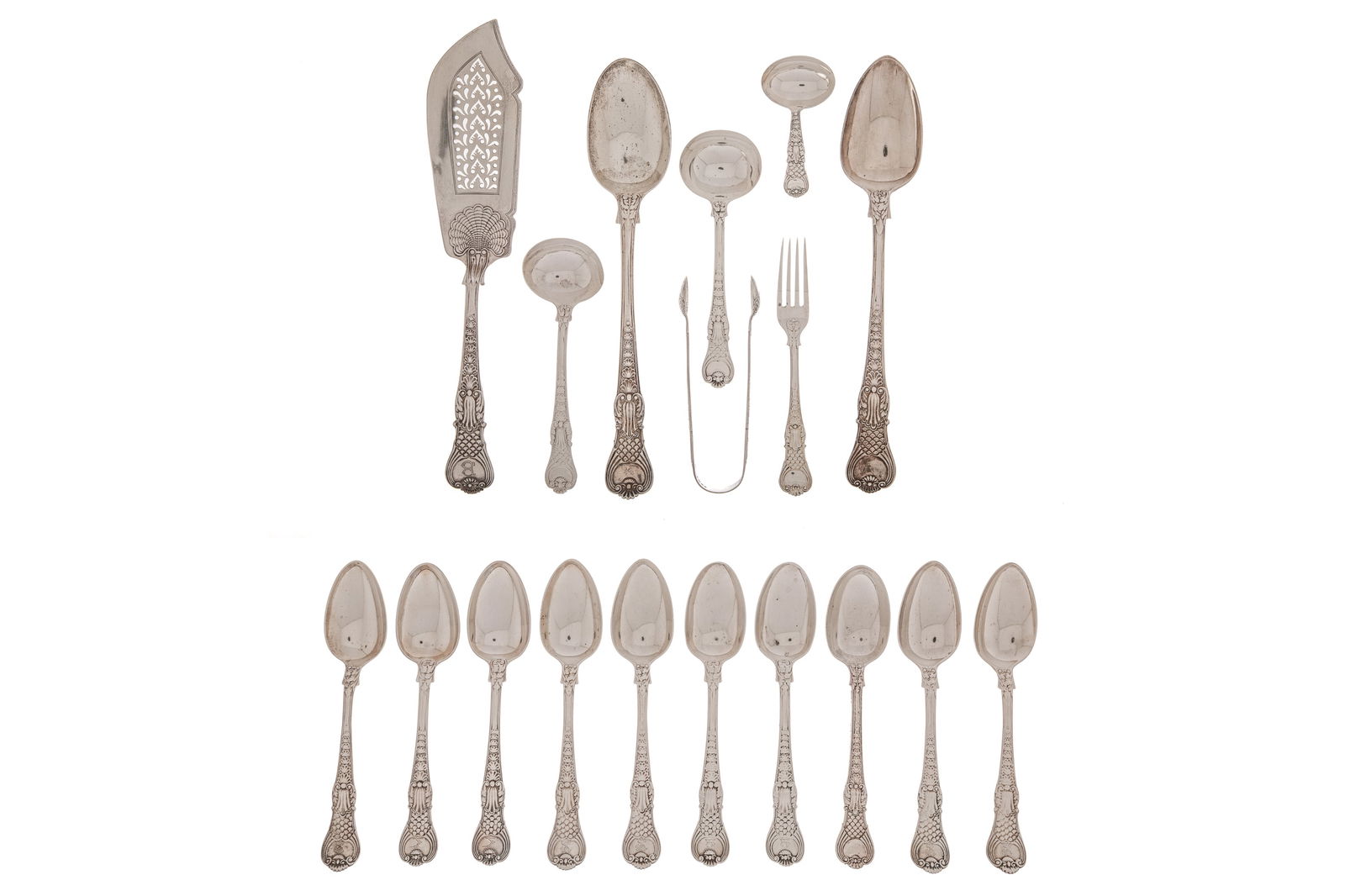 A GROUP OF PERIOD COBURG PATTERN SILVER, 1988g: An early 19th century group of English sterling silver flatware pieces in the Coburg pattern. Introduced by renowned silversmith Paul Storr in 1810 this is an uncommon pattern. The the
