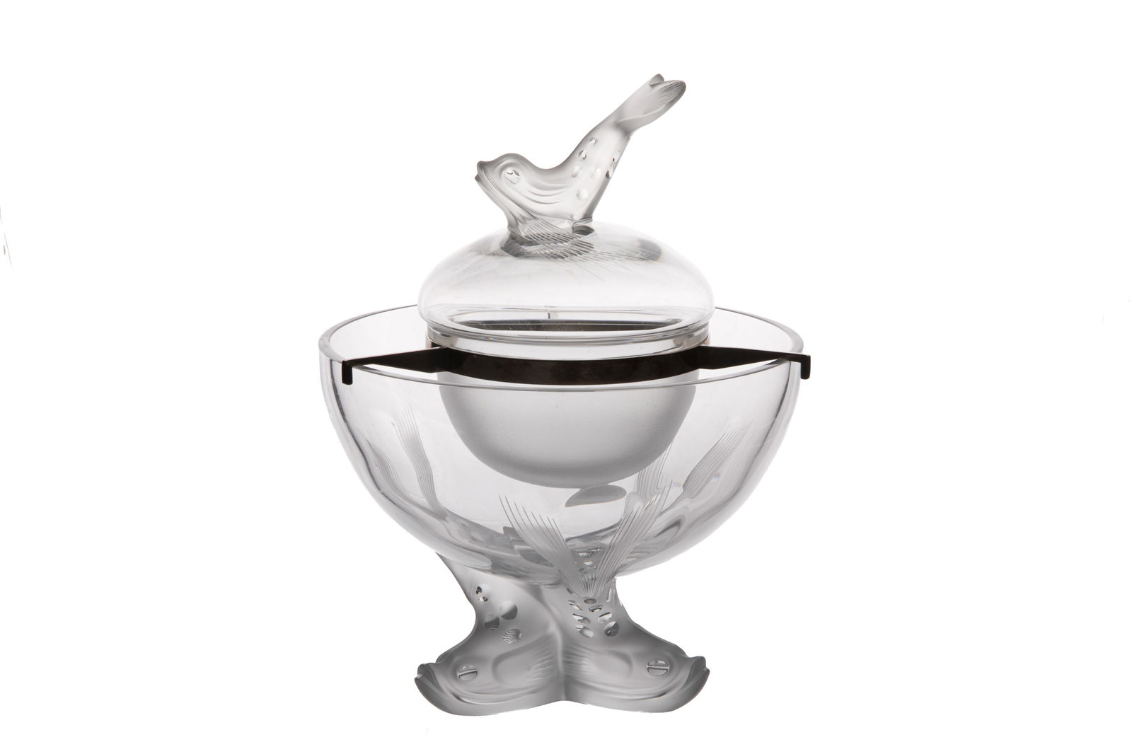 LALIQUE "IGOR" CLEAR & FROSTED CAVIAR BOWL + COVER: H. 10" (25 cm) x Dia. 8" (21 cm)