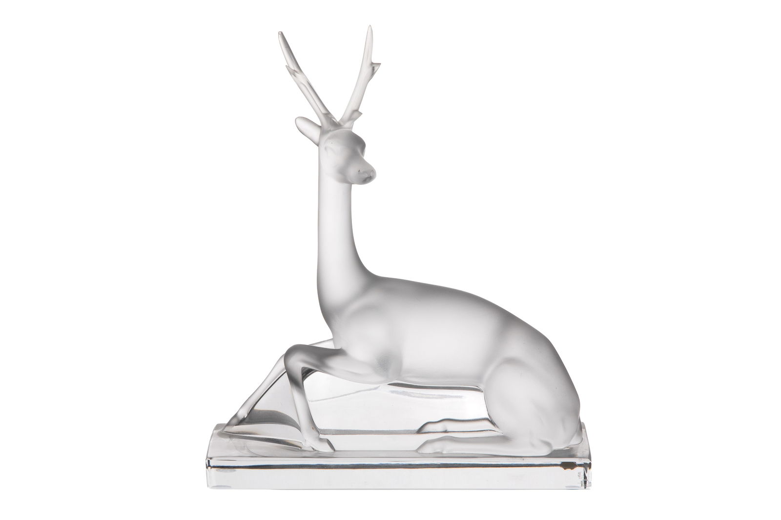 LALIQUE FRANCE "CERF" RECUMBENT FIGURE: H. 10" (25 cm) x L. 8 1/4" (21 cm)
