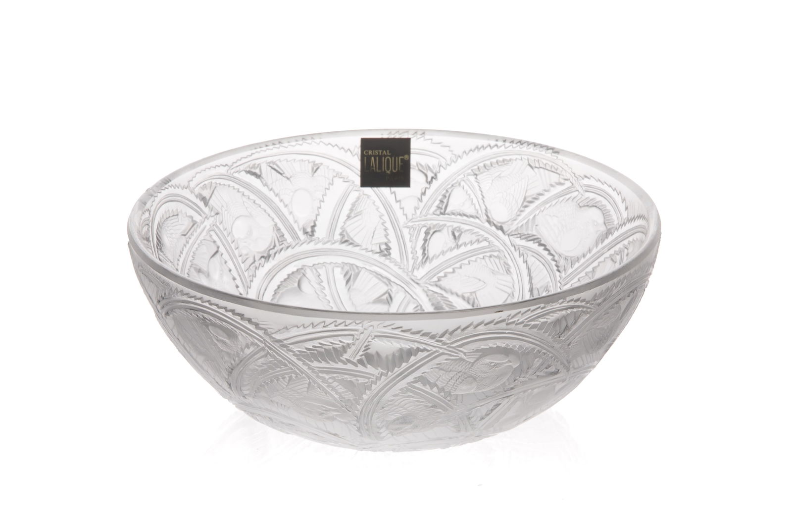 LALIQUE FRANCE "PINSONS" CLEAR AND FROSTED BOWL: Finches pattern Dia. 9" (23 cm)