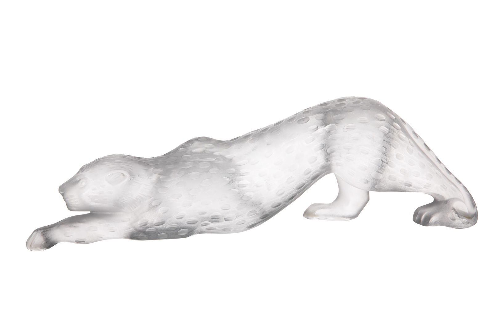 LALIQUE FRANCE "CHRYSIS" FIGURE: Of a spotted leopard with clear and frosted glass L. 14" (36 cm)