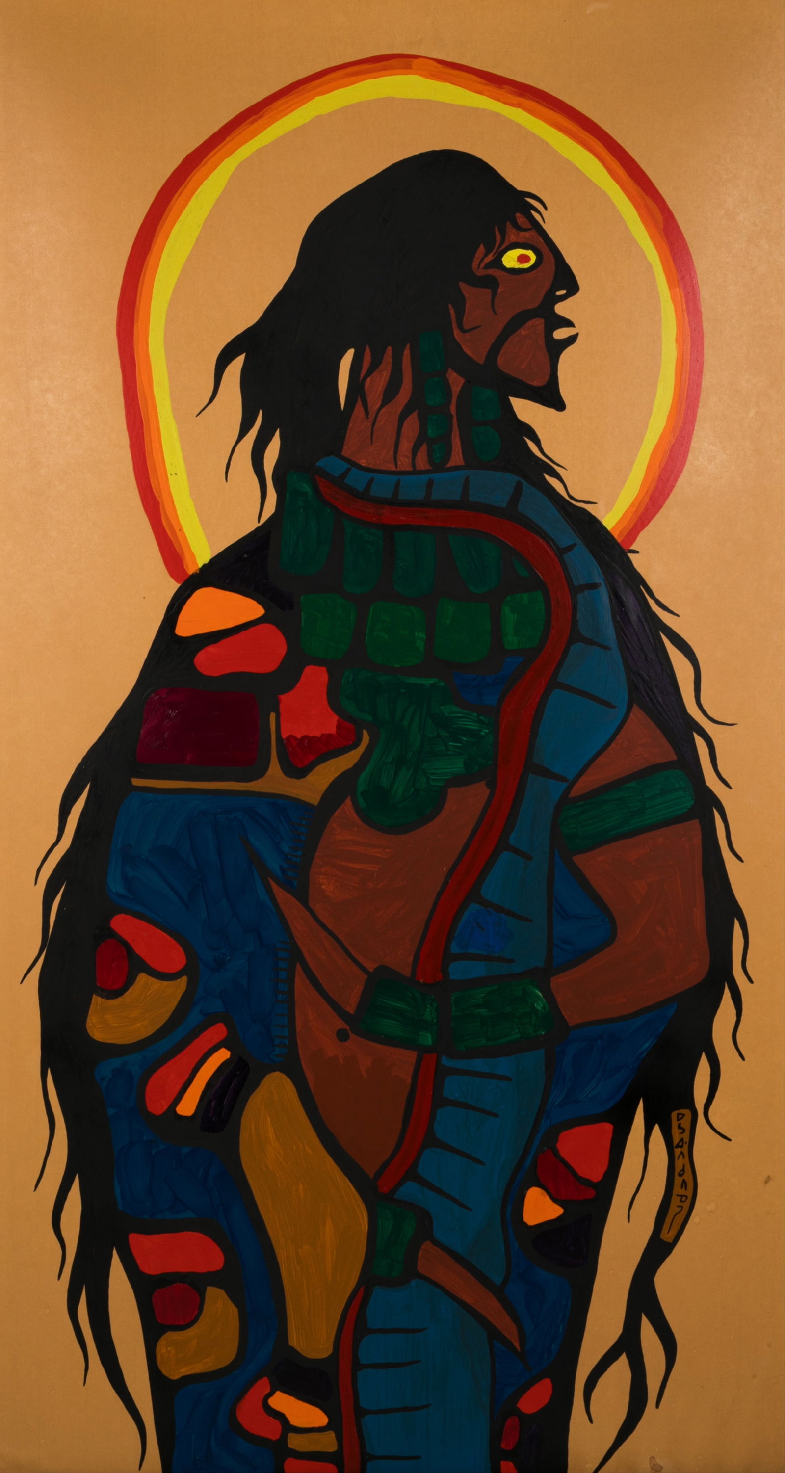 NORVAL MORRISSEAU (Canadian, 1932-2007): "Shaman" Acrylic on craft paper laid on masonite Signed lower right Framed H. 61" x W. 34"
