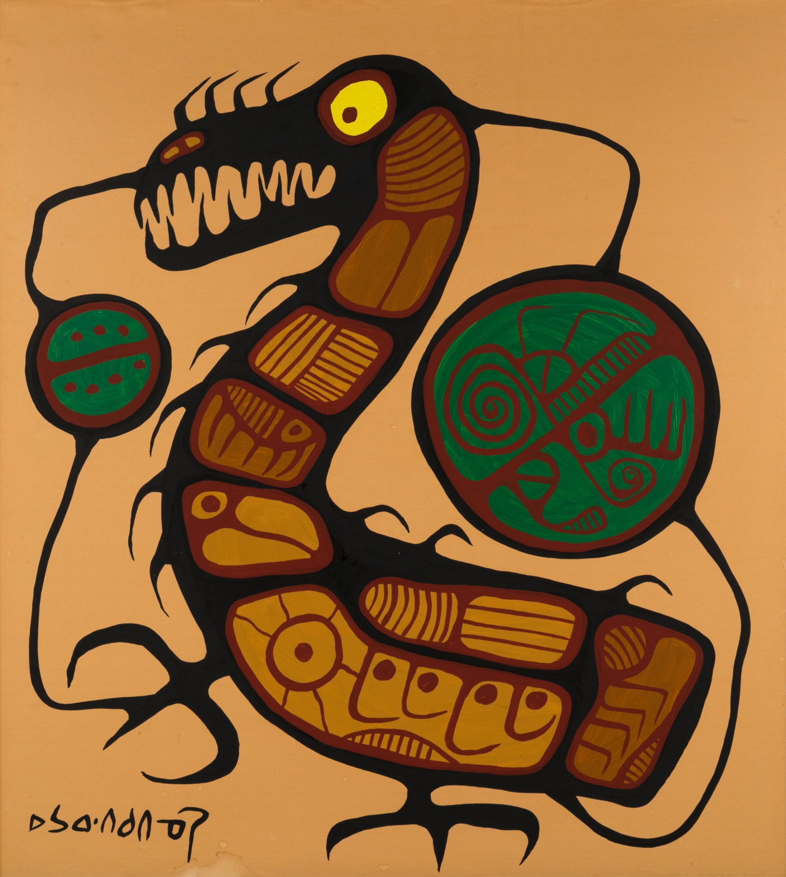 NORVAL MORRISSEAU (Canadian, 1932-2007): "Thunder Bird" Acrylic on craft paper laid down Signed lower left Sight H. 39" x W. 35"