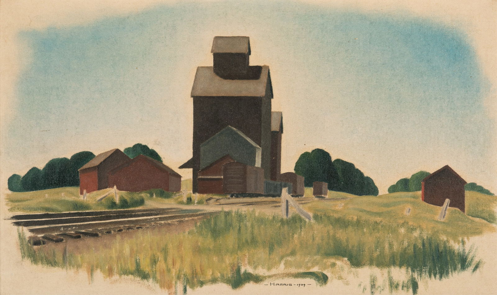 LAWREN HARRIS JR. (Canadian, 1910-1994): "Elevators, Klienberg" Oil on canvas board Signed lower margin 11" x 18"