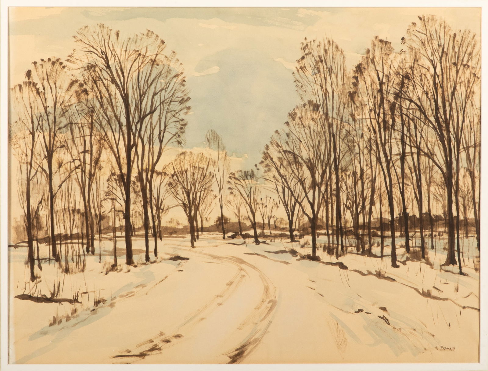ALBERT JACQUES FRANCK (Dutch/Canadian, 1899-1973): Untitled - A Wintry Forest Road (1955) Watercolour on paper Signed and dated lower right Sight H. 18 3/4" x W. 25"