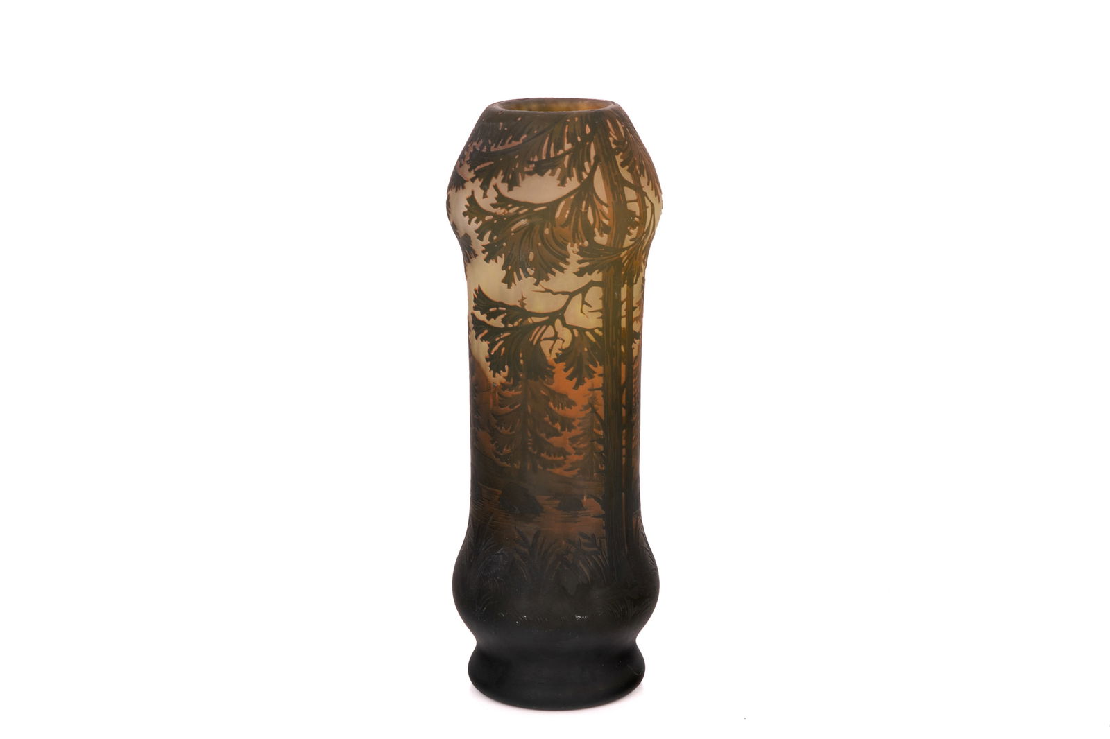 DAUM NANCY CAMEO GLASS LANDSCAPE VASE: Pine trees and mountains, signed Daum Nancy, France. H. 34.5cm (13 3/4in)