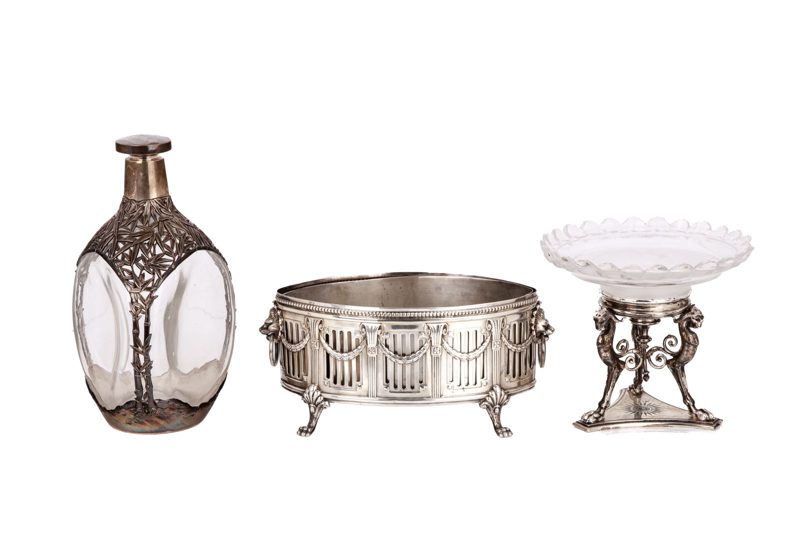 CHINESE SILVERMOUNTED DECANTER WITH 2 SILVERPLATE (1 of 5)