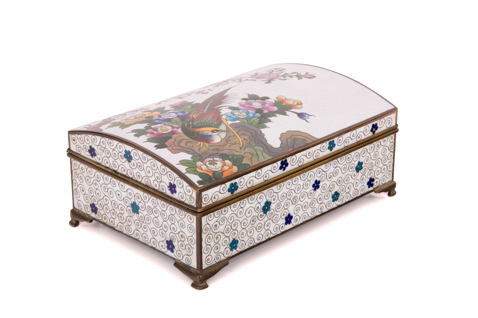 JAPANESE CLOISONNE ENAMELLED INABA MUSIC BOX: White body with peacock and rock domed top music box with gilt interior. H. 2 3/4" x W. 6 3/8" x D. 4 1/4"