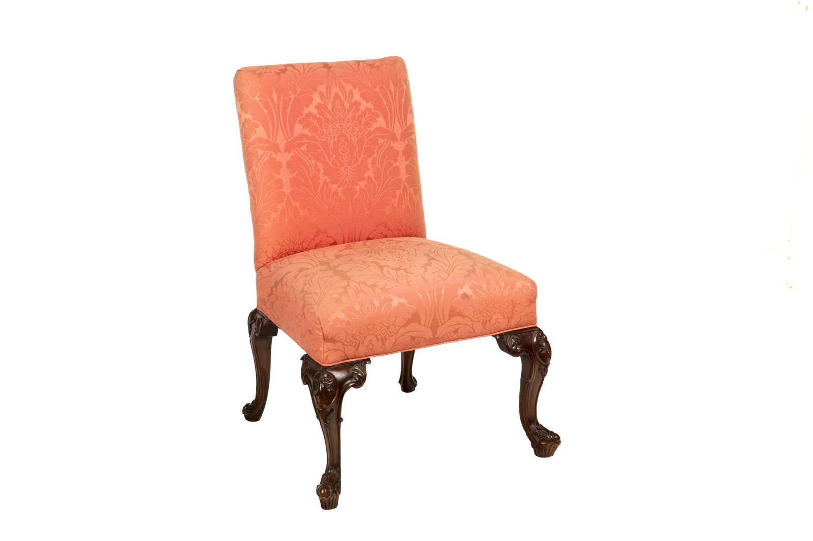 GEORGIAN MAHOGANY UPHOLSTERED CHAIR: Heavily carved legs, modern pink brocade upholstery. H 39" x W 19" x D 19"