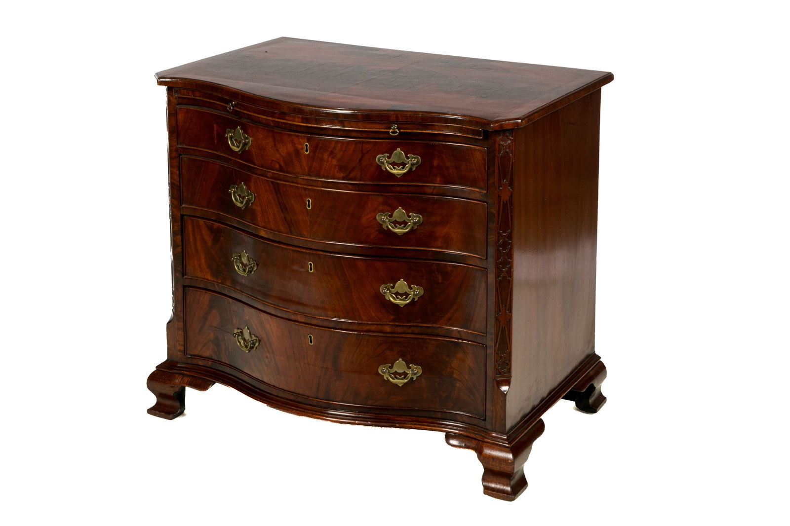 GEORGE III ENGLISH MAHOGANY SERPENTINE CHEST: Four graduated drawers with Chippendale influenced sides and stepped bracket feet, period brass hardware and drinks slide, English, 18th C.H. 30" x W. 33 1/2" x D. 22"