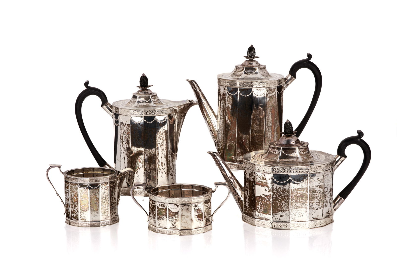 FIVE PC ENGLISH SILVER TEA & COFFEE SERVICE: Including a tea pot, coffee pot, hot water pot, cream and sugar with Georgian swag design, Robert & Belk, Sheffield, 1925. Total weight 2628 G. Teapot H. 8 1/2" x W. 9" x D. 3 1/2"