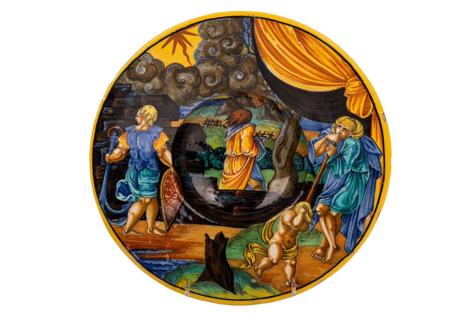 16th C ITALIAN RENAISSANCE URBINO ISTORIATO DISH: Attributed to Francesco Xanto Avelli (Italian, 1487-1542) after a Raphael painting of unrequited love. Reverse is inscribed in underglaze blue: ?1534? /Gia fimigaua la/morso stella - /Nel libro de