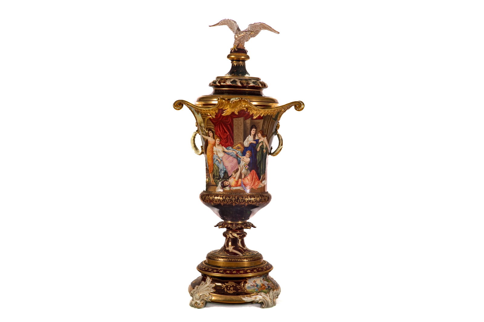 FINE MONUMENTAL HAND PAINTED VIENNA PORCELAIN URN: Monumental campagna form urn with crested with eagle finial, the main body depicting a classical boudoir scene of posed female figures to the front and pastoral landscapes to reverse. Unsigned,blue un