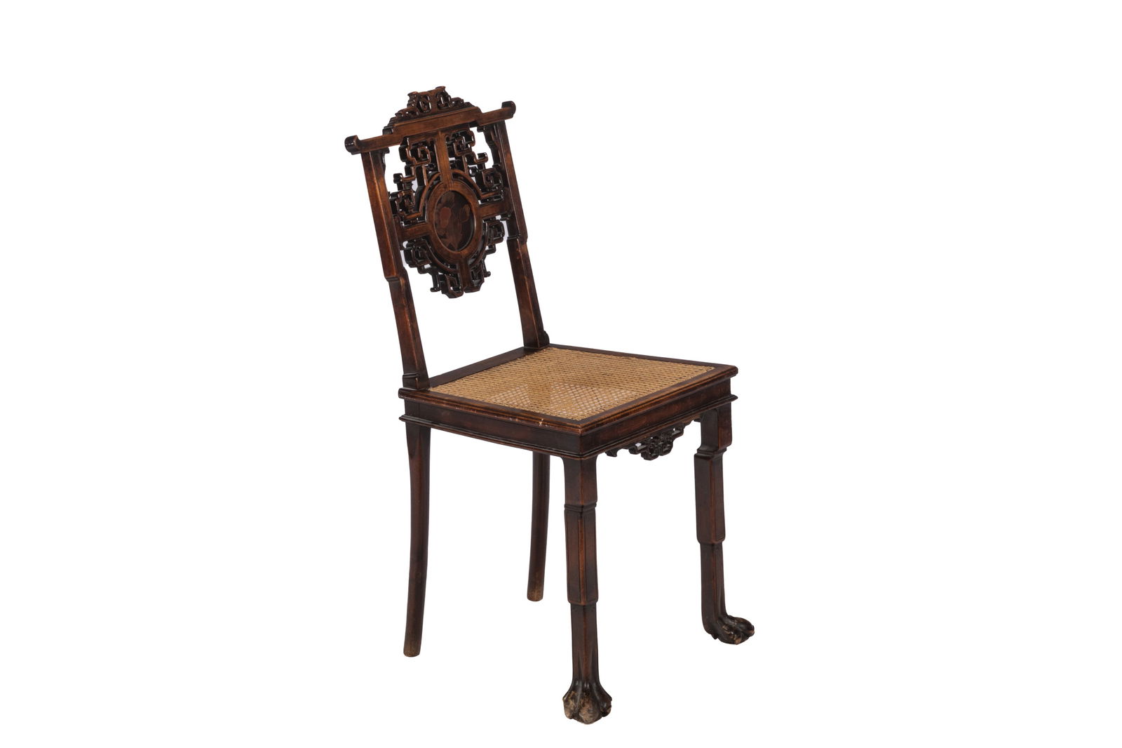FRENCH AESTHETIC MOVEMENT SIDE CHAIR: Attributed to Gabriel Viardot with heavily carved back, claw feet and caned seat. H. 35"