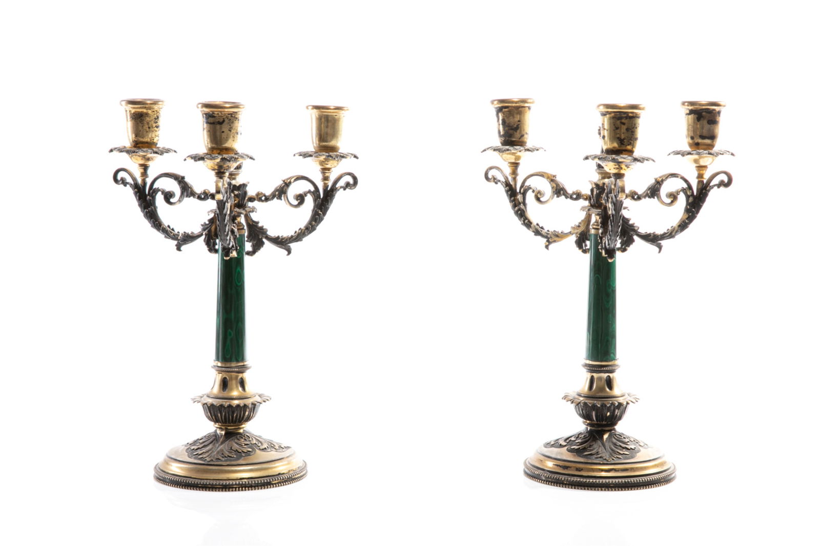 PAIR OF ITALIAN GILT SILVER CANDELABRA: Three-light candelabra with scrolling leaf details and malachite stems. Raised on a base with beaded detailing around the outer rim. Hallmarked between the beaded rims on the base (.800).