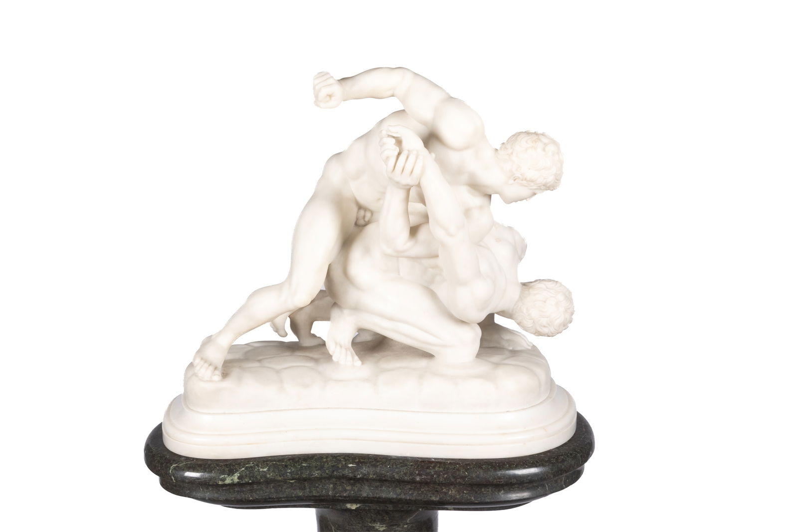 ITALIAN GRAND TOUR MARBLE OF THE WRESTLER: H. of sculpture 19 3/4" W. of sculpture 21 3/4" On green stone three part pedestal