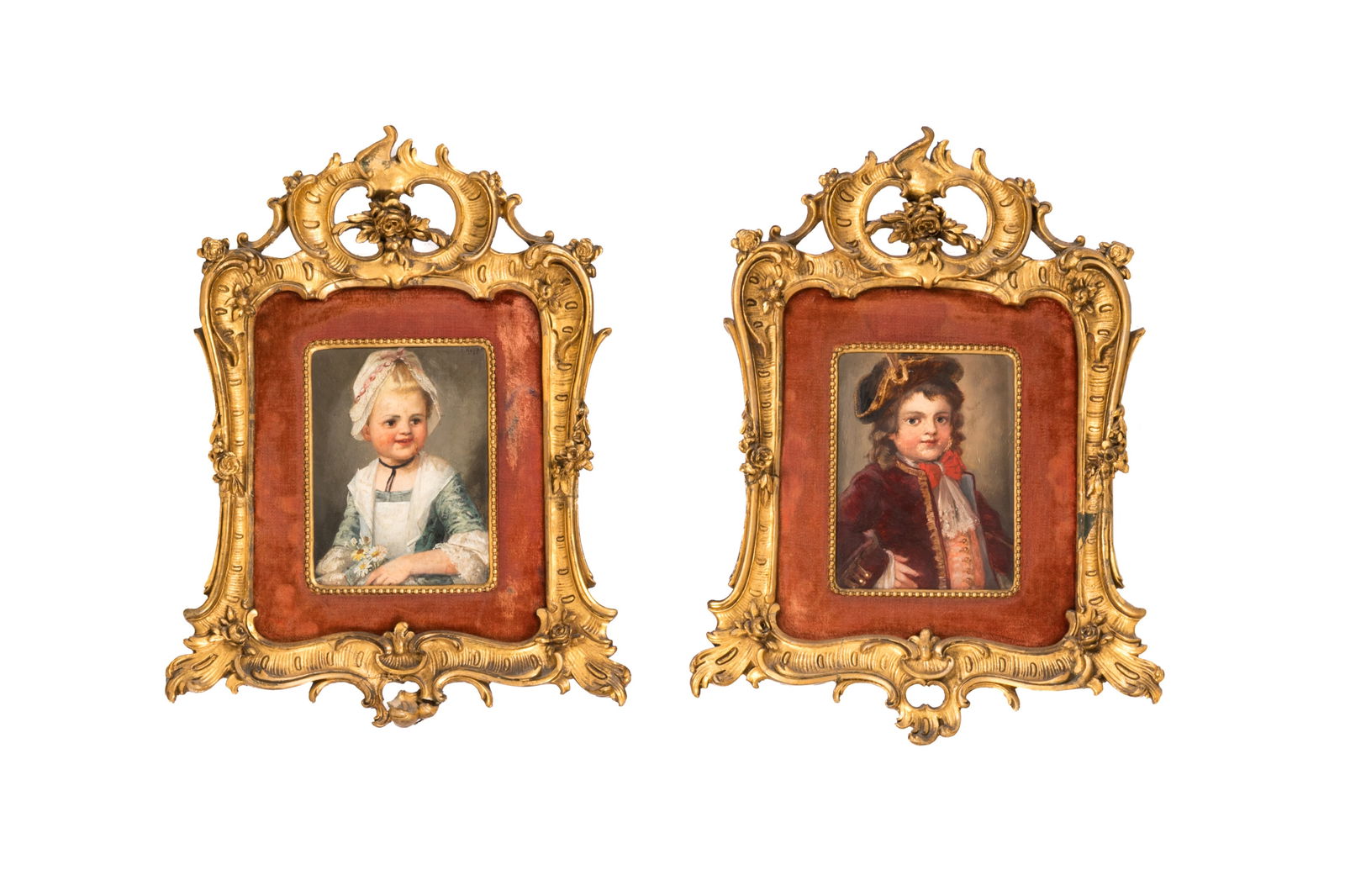 19th C CONTINENTAL SCHOOL: Two Works: Young Girl & Boy Oil on panel Signed top right I. Kopper In antique gessoed gilt frames Painting: 8 1/2" x 6" Overall: 19 1/2" x 15"