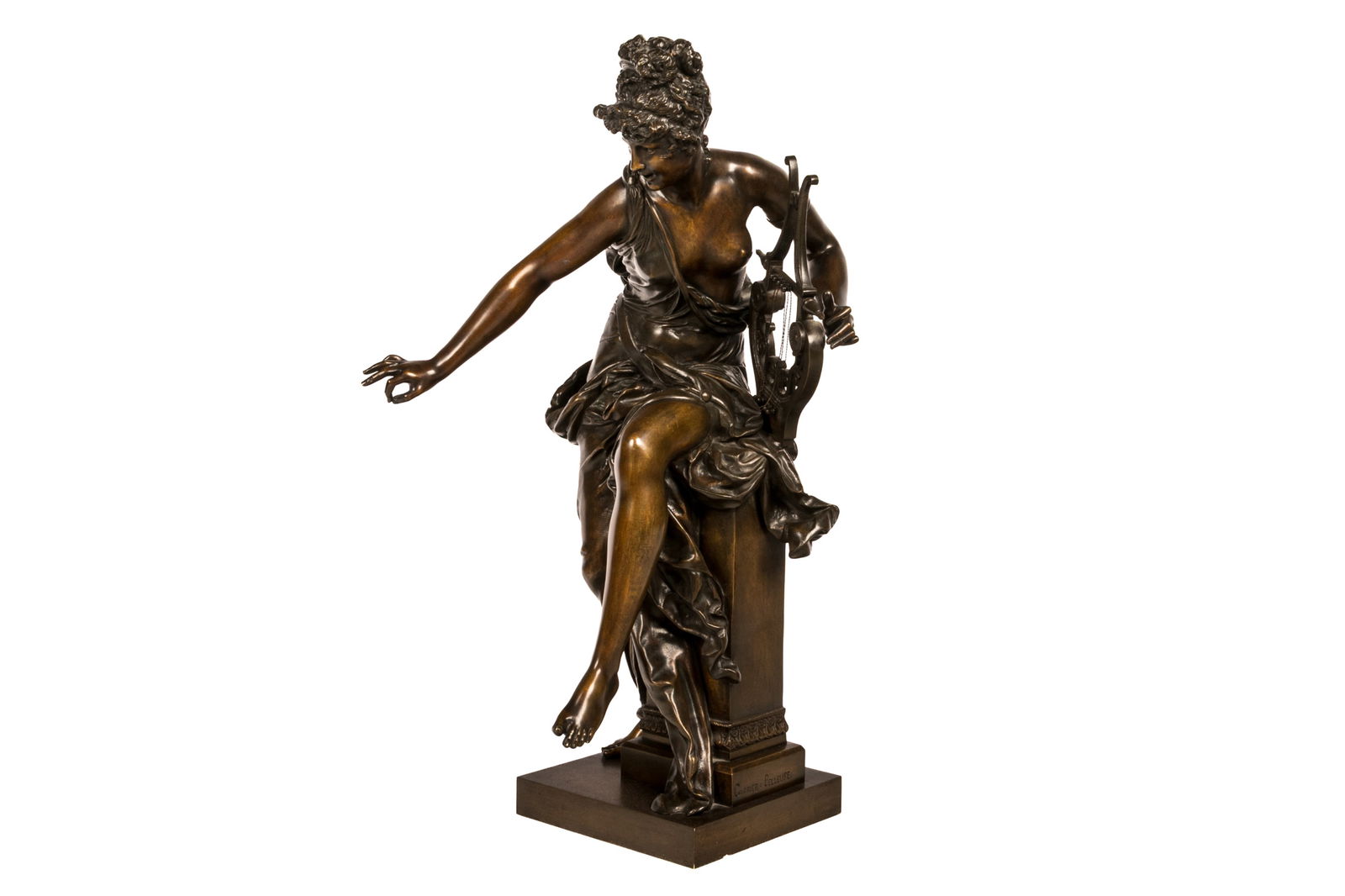 ALBERT-ERNEST CARRIER-BELLEUSE (French, 1824-1887): Lyre Player Bronze sculpture Signed on base H. 24" x W. 14" x D. 10"