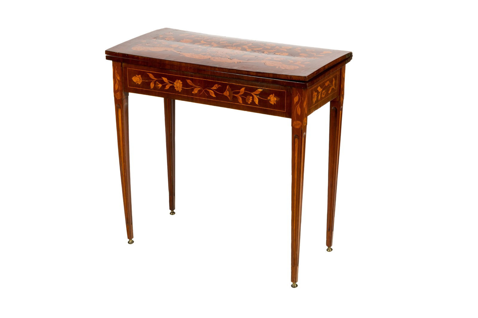 DUTCH MARQUERTY INLAID GAME TABLE: With mixed fruitwood inlay top, apron and tapering legs, 18th C. H. 29" x W. 29" x D. 15"