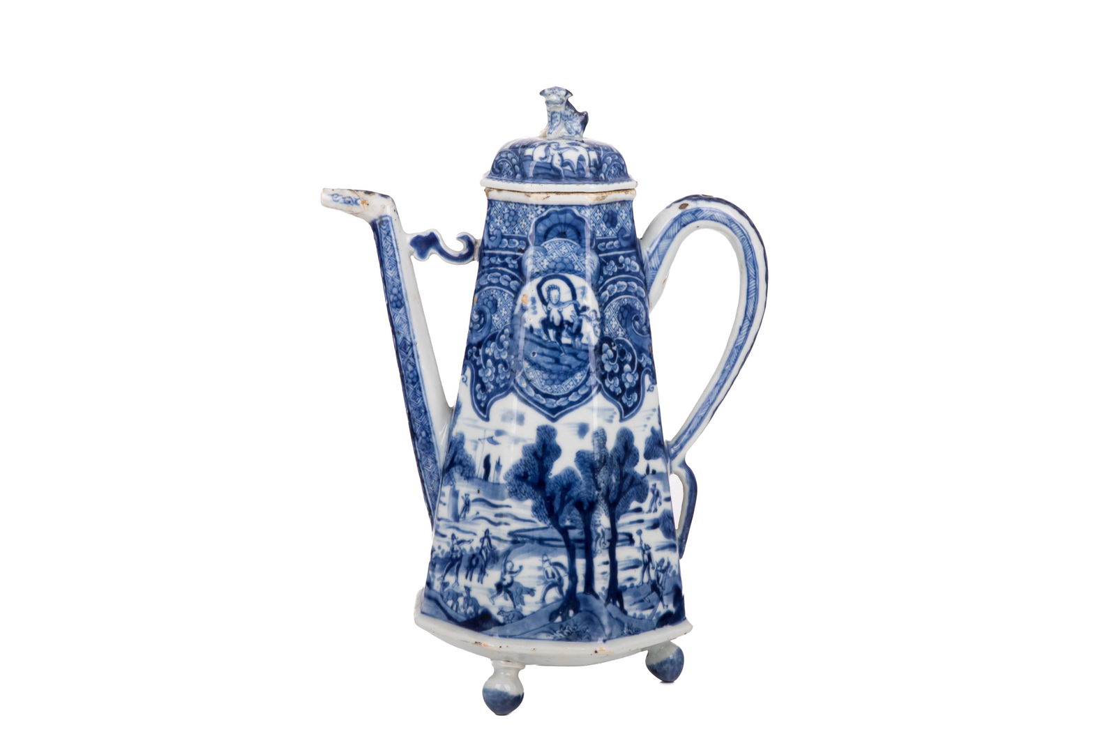CHINESE BLUE & WHITE KANGXI HEXAGONAL COFFEE POT: Rare hexagonal form raised on ball feet with figured spout, landscape and mythological painting, made for the European market. See similar in the Metropolitan Museum, New York,no 1979.2a, b. H.
