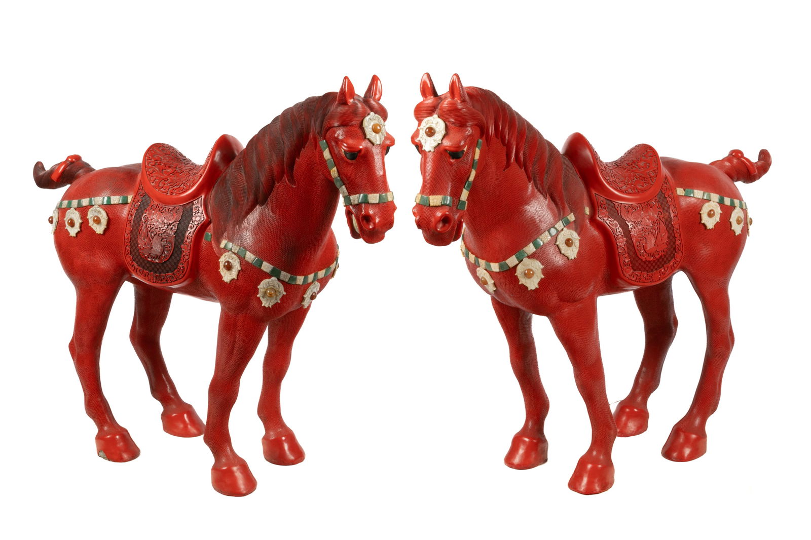 PAIR OF LARGE CINNABAR LACQUER INLAID HORSES: Each horse in carved red lacquer with soapstone jewelling, 20th C, Chinese. H. 39" x L. 44" x W. 12"