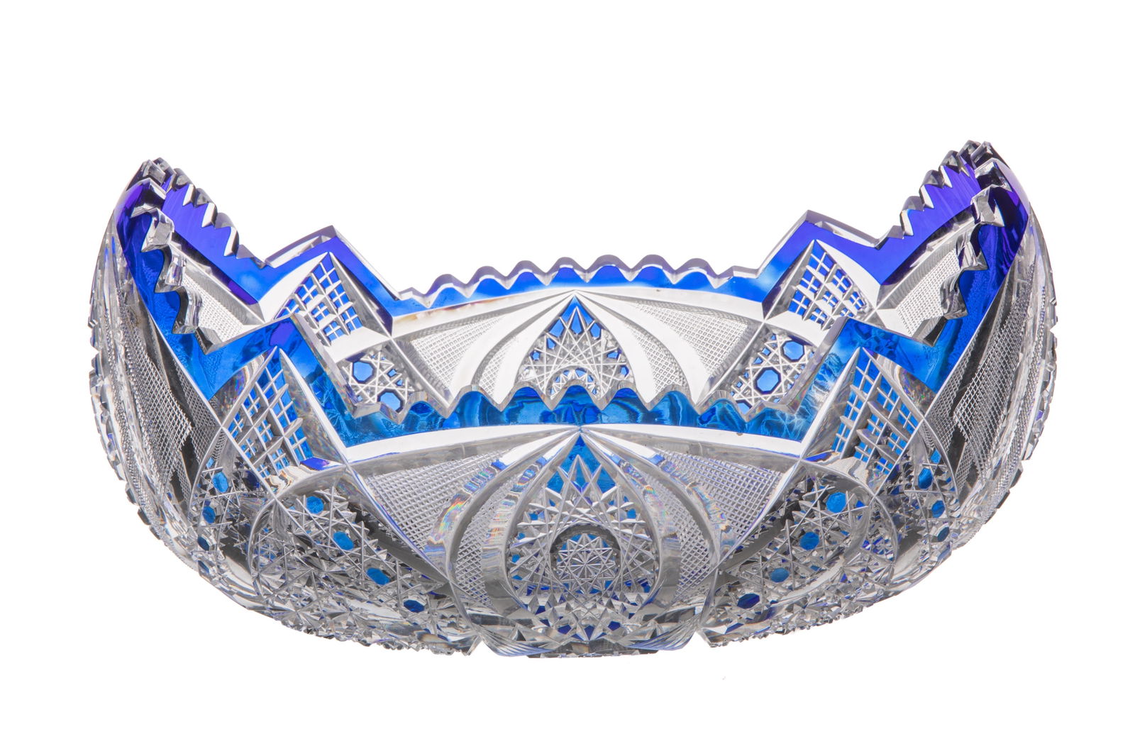 EUROPEAN CUT GLASS CENTREPIECE BOWL: Attributed to Val St. Lambert with cobalt blue flashing. W. 29cm (11 1/2in)
