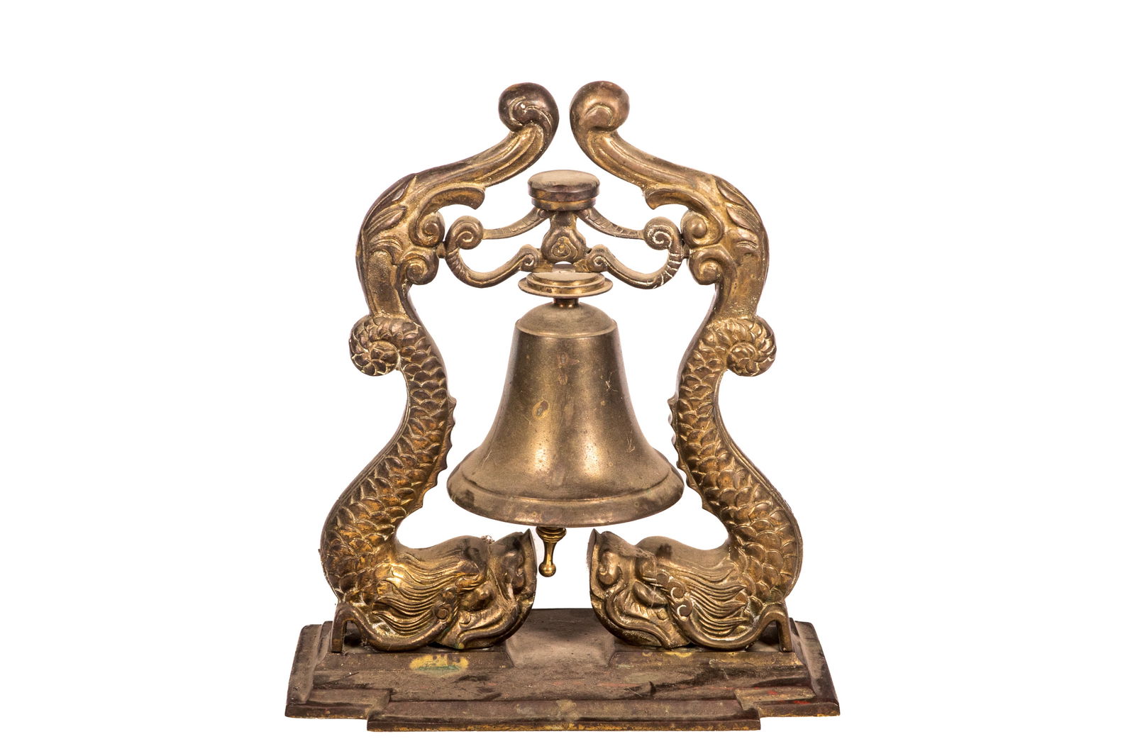 ANTIQUE BRASS SIGNAL BELL WITH DRAGON SUPPORTS: H. 16 1/2" x W. 15"