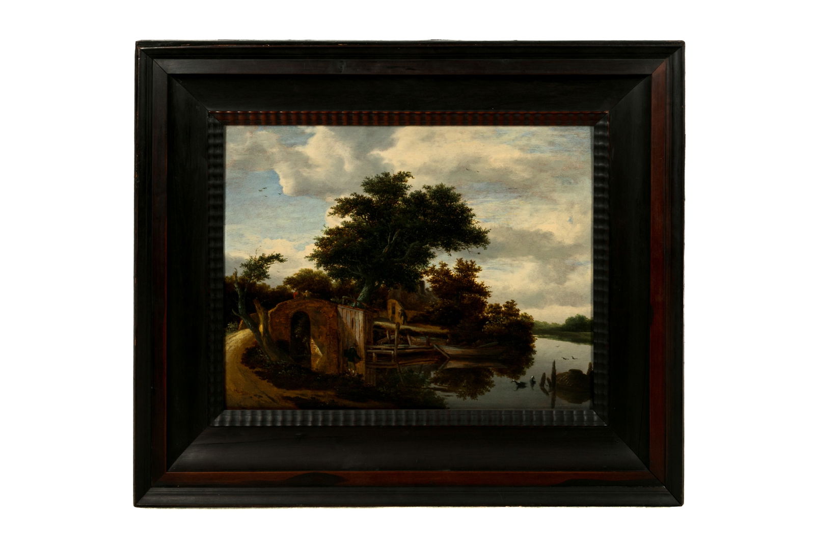 CORNELIS GERRITSZ DECKER (Dutch, 1615/18-1678): A River Landscape Oil on wood 16" x 21" Two red wax seals to verso, one with the monogram "AH", and another with three crowns. Also includes partial tag from Sotheby's Kunstauktionen Wien. Provenance: