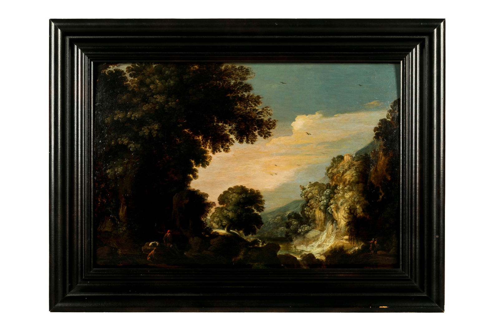 DUTCH SCHOOL (17th / 18th C): Landscape with wayfarers and dogs Oil on board 15" x 22"