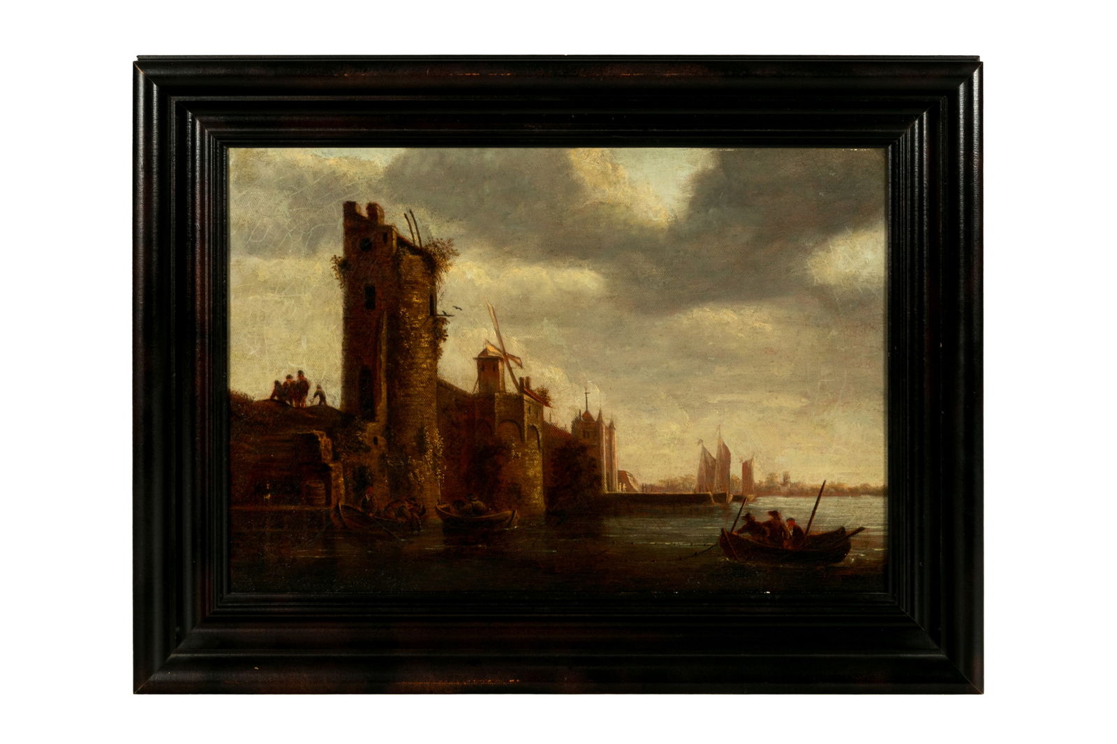 DUTCH SCHOOL (17th / 18th C): Wall, turrets and windmills on the river Oil on canvas 15" x 22"